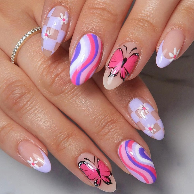 24Pcs False Nails With Glue Almond Pink Butterfly Design Detachable Rhinestones Acrylic Fake Nails long stiletto Press On Nails