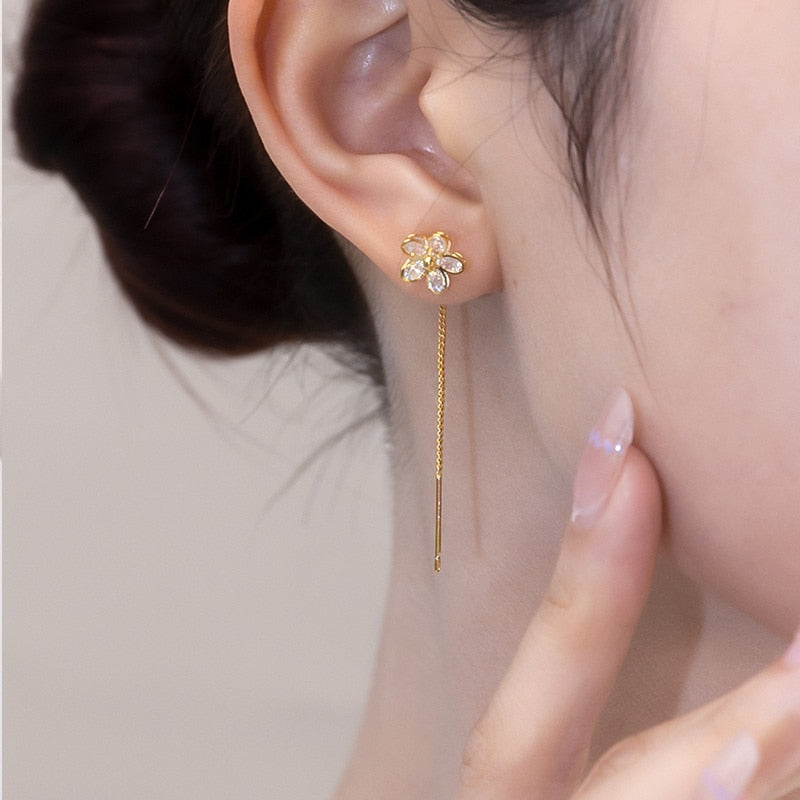 Korea Gold Color Flower Chain Tassel Drop Earrings For Women Bird Rabbit Leaf Airplane Long Piercing Line Earrings Party Jewelry