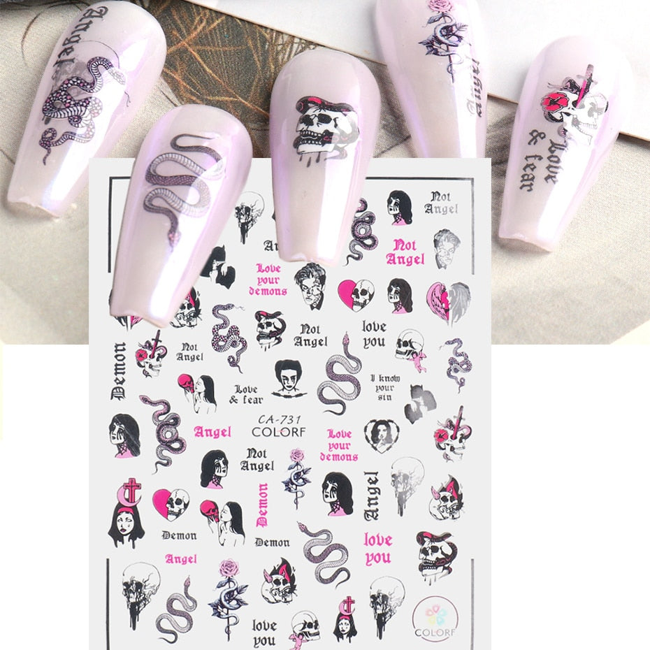 Skull Snake Abstract face Nail Stickers Gothic Design Halloween Christmas Tattoo Anime Sliders For Nails Manicure SACA725-732