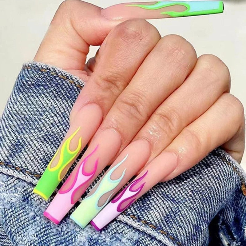 24Pcs/box Green Crocodile Pattern Press On Nails Long Coffin Ballet French False Nails Full Cover Detachable False Fashion Nails