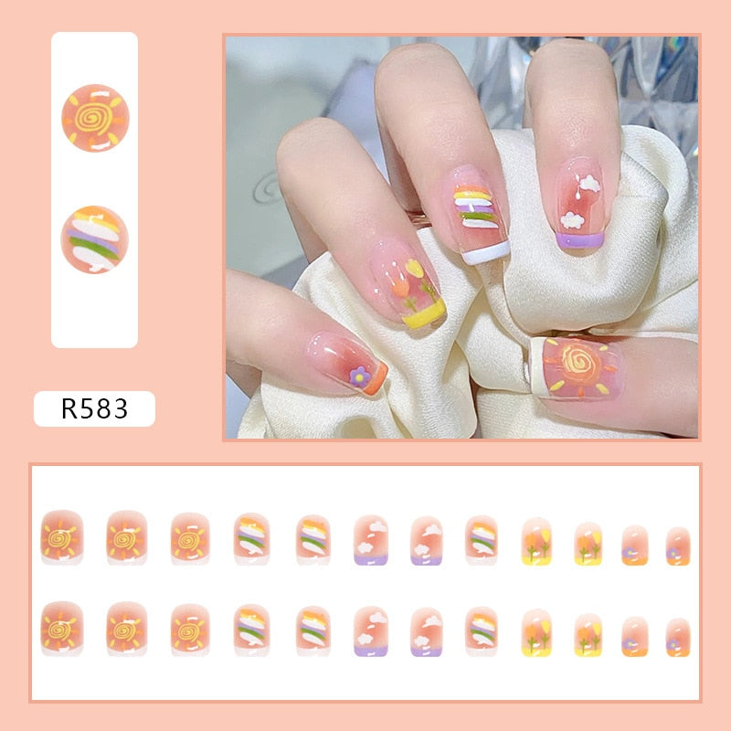 24Pcs/Set Short False Press on Nail Tip with Glue Designs Detachable Reusable Fake Nails with Glue Stick-on Nail Art DIY Tips