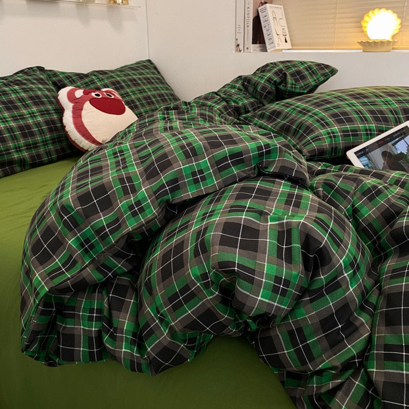 Korean ins simple green plaid quilt cover 1.5m 1.8m bed sheet four-piece set quilt pillowcase four seasons universal bedding