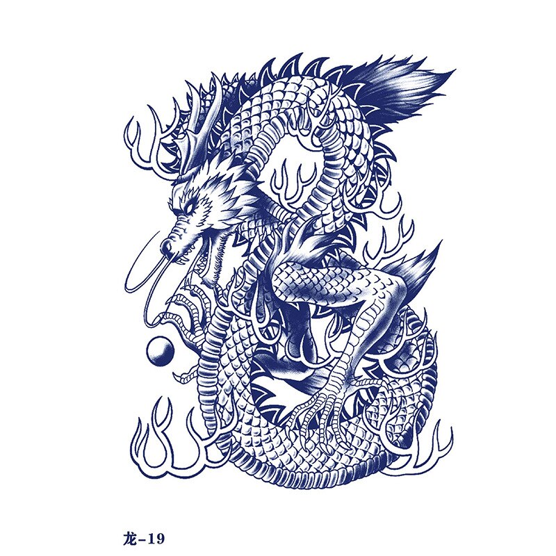 Waterproof Temporary Tattoo Sticker Japanese Style Black White Flame Dragon Body Art Fake Tattoo Flash Tattoo Arm Female Male