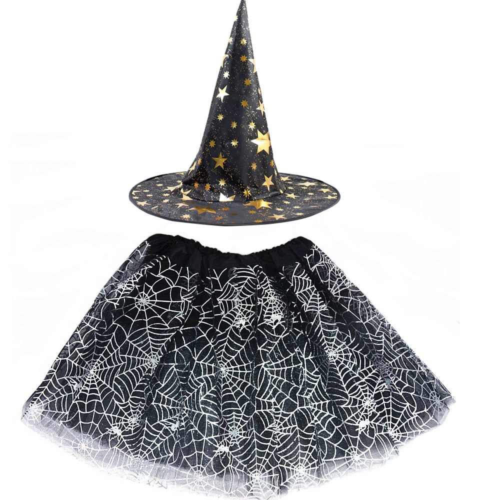 Halloween Costume for Kids Girls Spider Web Tutu Cobweb Skirt Witch Wizard Hat Tulle Carnival Birthday Party Outfits Festival