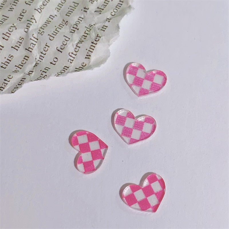 10pcs Chess&Heart Resin Nail Charm Transparent 6Color Black White Plaid/Checker Board Loving Heart Shape Nail Decorations #TY7-1