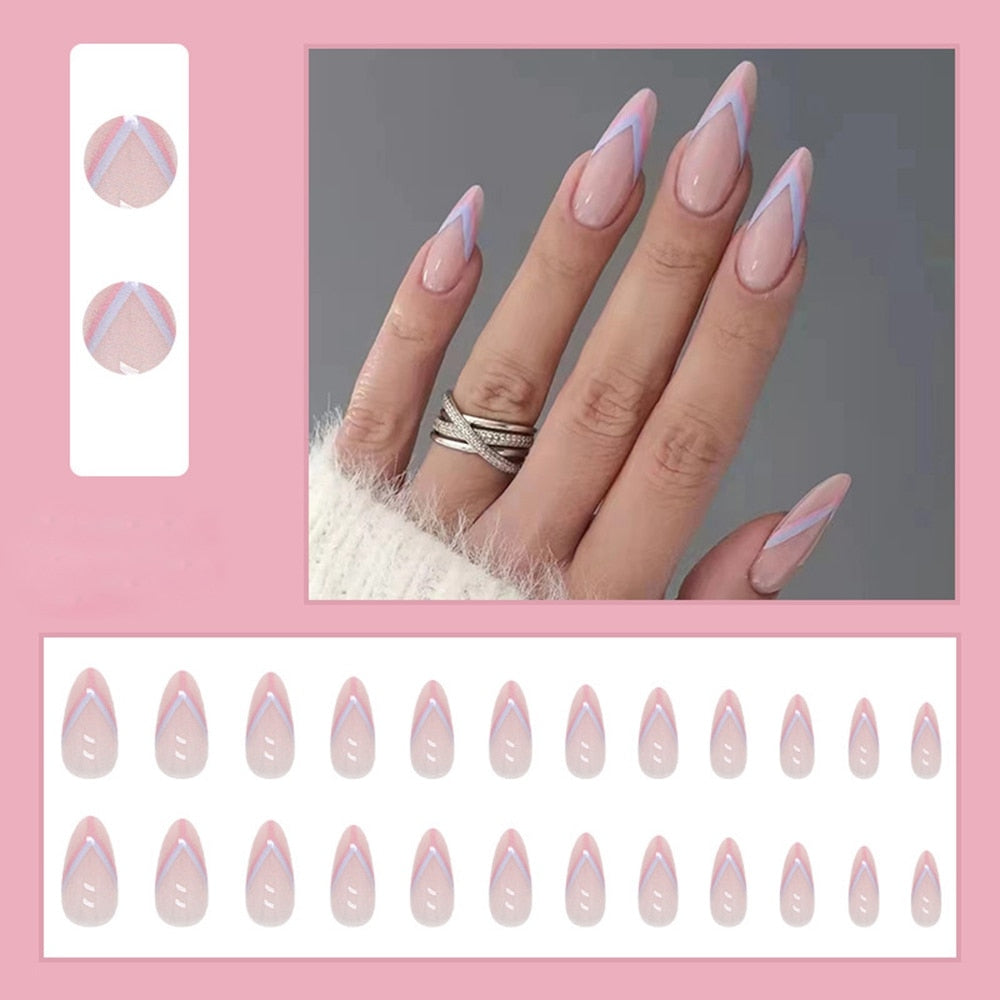 Simple French Wearable False Nails Almond Colorful Stripes Colorblock Design Manicure Fake Nails Line Full Cover Press On Nail