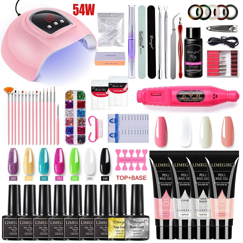 Nail Set Acrylic Nail Kit for Nail Extension Gel Nail Polish Set Quick Building Poly UV Gel Set With LED Nail Lamp Nail Tool Set