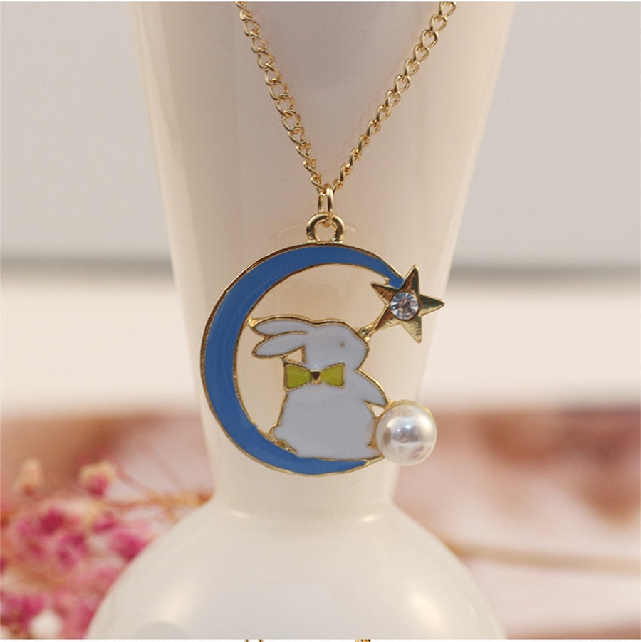 Light Luxury Opal Rabbit Pendant Necklace For Women Chinese Style Rabbit Sitting On Moon Star Animal Choker Trendy Party Jewelry