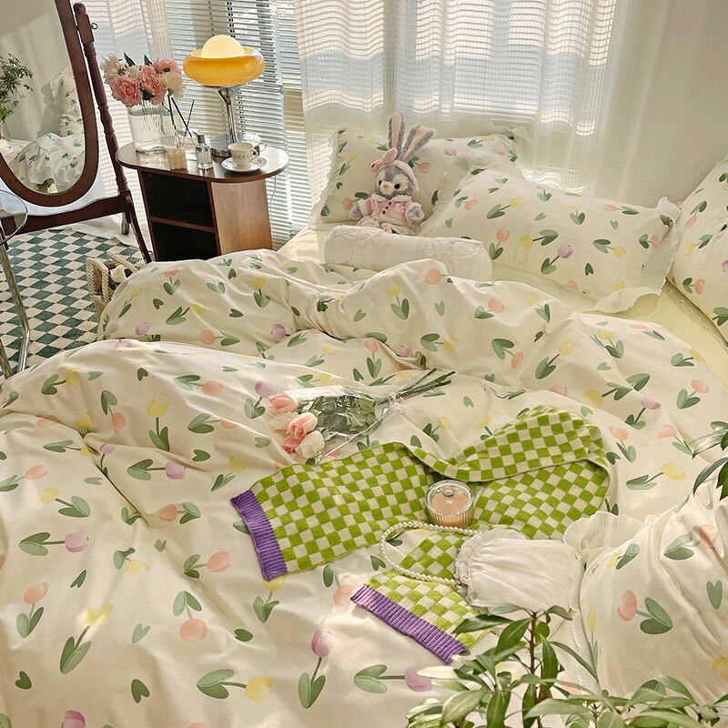 Polyester Bedding Set Pastoral Style Tulip Pattern Flowers Floral- Double -- Pillow Case / Bed Sheet / Quilt Cover