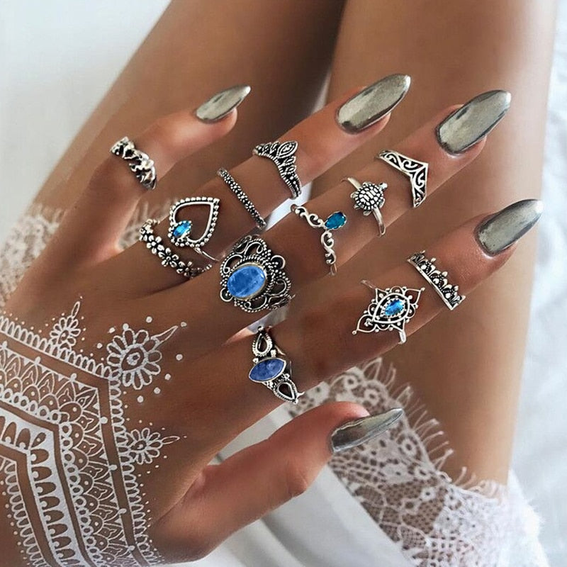 Tocona Bohemia Antique Silver Color Crown Flower Unicorn Carved Rings Sets Hollow Geometry Alloy Metal Wedding Jewelry Anillo