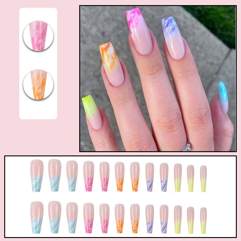 Pink Cow Design False Nail French Full Cover Long Coffin Fake Nails Glue DIY Manicure Nail Art Tools press on nails nail tips