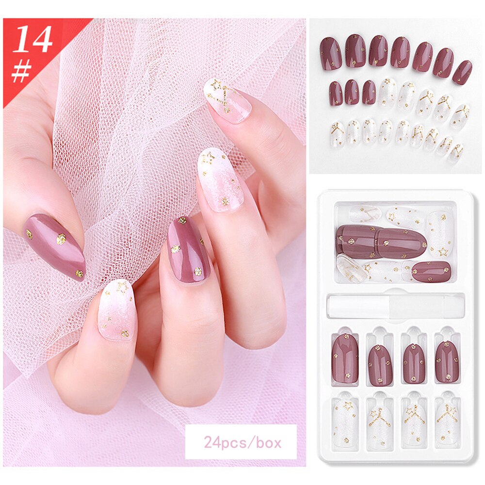 24 Pcs/Box False Nail Glitter Mirror Aurora Full Cover Nail Tips Coffin Fake Nails Gradient Nail DIY Decoration