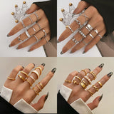 Bohemian Geometric Hollow Wide Chain Rings Sets For Women Vintage Butterfly Circle Imitation Pearls Joint Finger Rings Jewelry