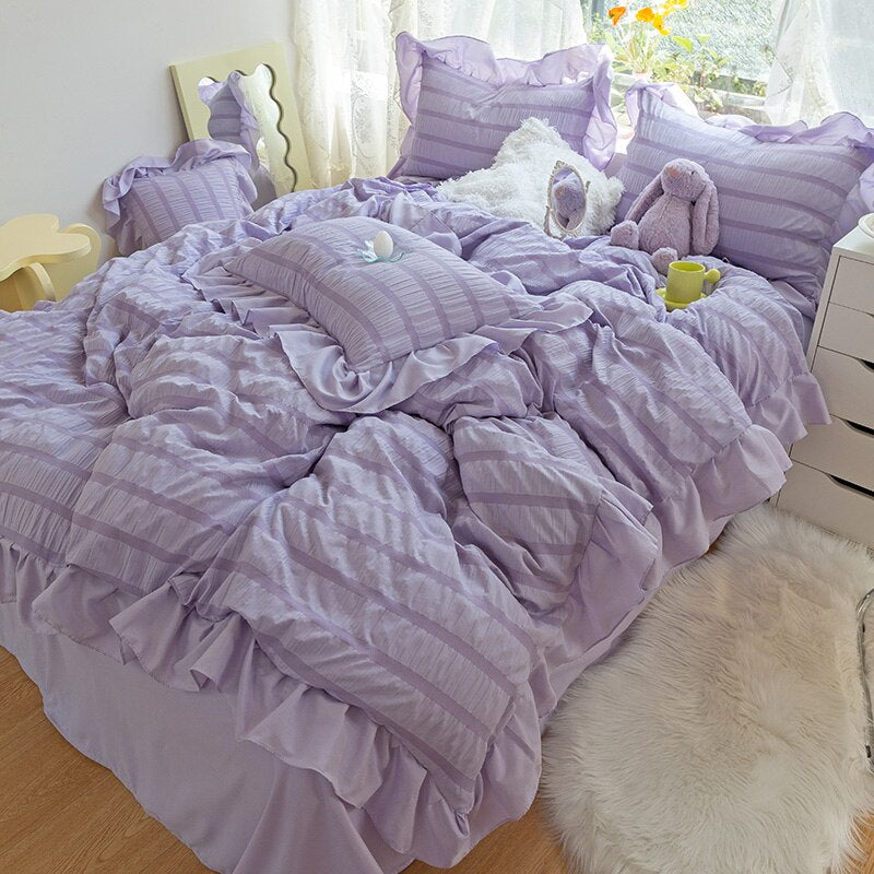 Purple Princess Bedding Set Luxury Solid Color Duvet Cover Pillowcase Linens Twin Queen King Bed Sheet Set Woman Girl Kawaii Set