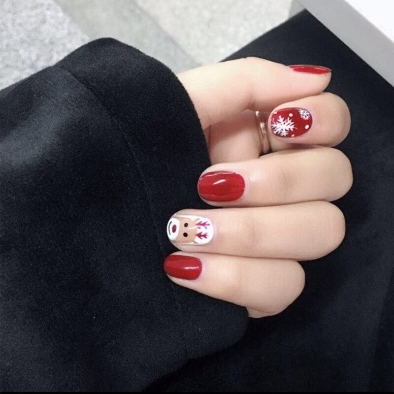 24Pcs Christmas False Nails Wearable French Fake Nails Almond Ballet Press on Nail Snowflakes Santa Hat Design Manicure Tips