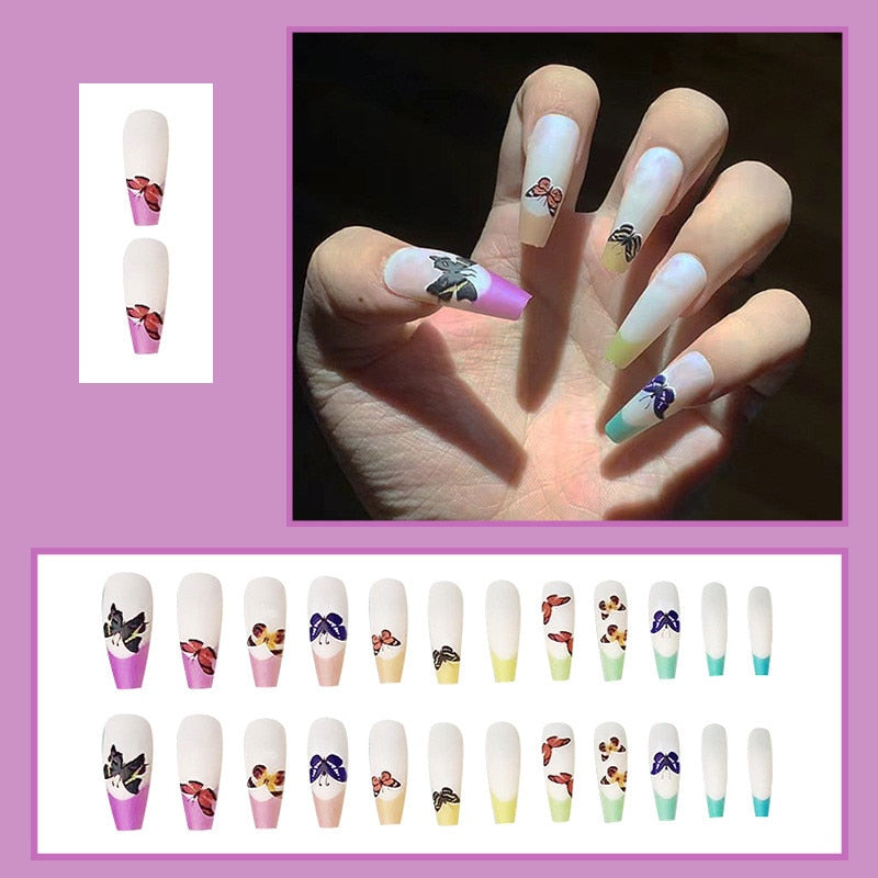 Pink Cow Design False Nail French Full Cover Long Coffin Fake Nails Glue DIY Manicure Nail Art Tools press on nails nail tips