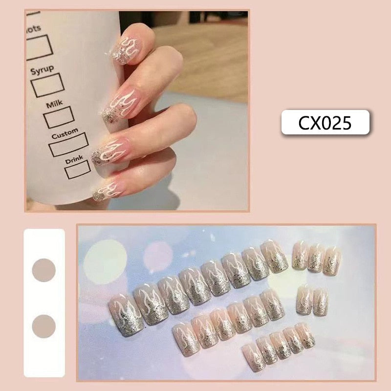 24pcs/box Fake Nails Press on Short Reusable with Designs Set French Artificial Pink kawaii False Tipsy Stick-on Nails Tips Art