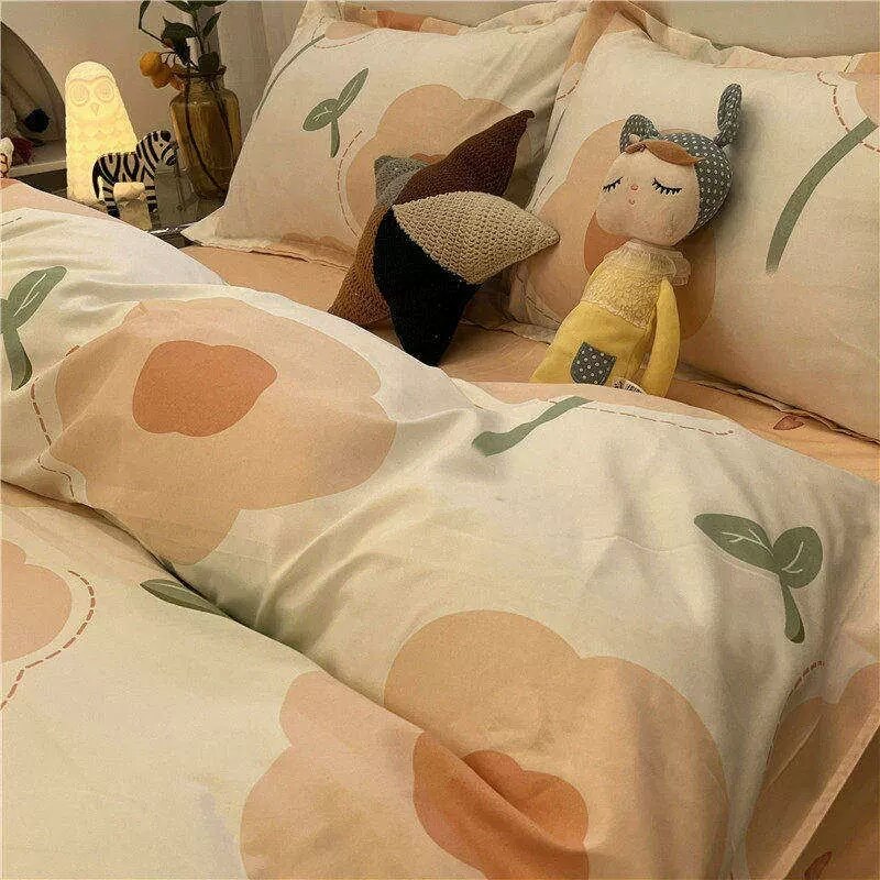 Ins Cartoon Sheep Flowers Bedding Set Duvet Cover Soft Queen King Size Flat Bed Sheet Quilt Cover Pillowcase Kawaii