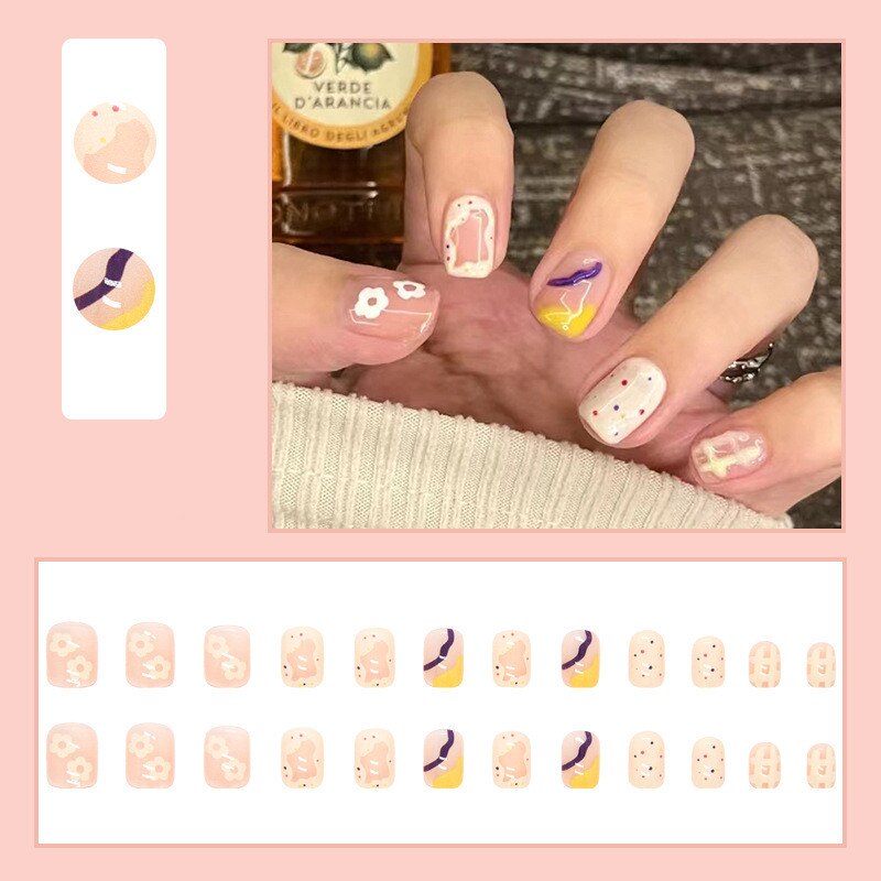 24Pcs Shiny Pink Short False Nails Detachable Press on Nails with Glue Acrylic Fake Nails Star Love Flower Pattern Nail Art Tips