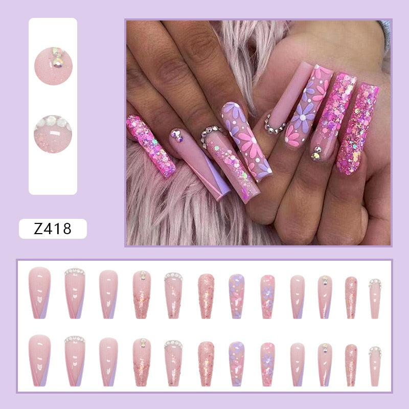 24Pcs Long Coffin False Nails Gold Glitter Sequins Designs Press On Full Cover Fake Nails Tips Wearable Manicure Art Accessories