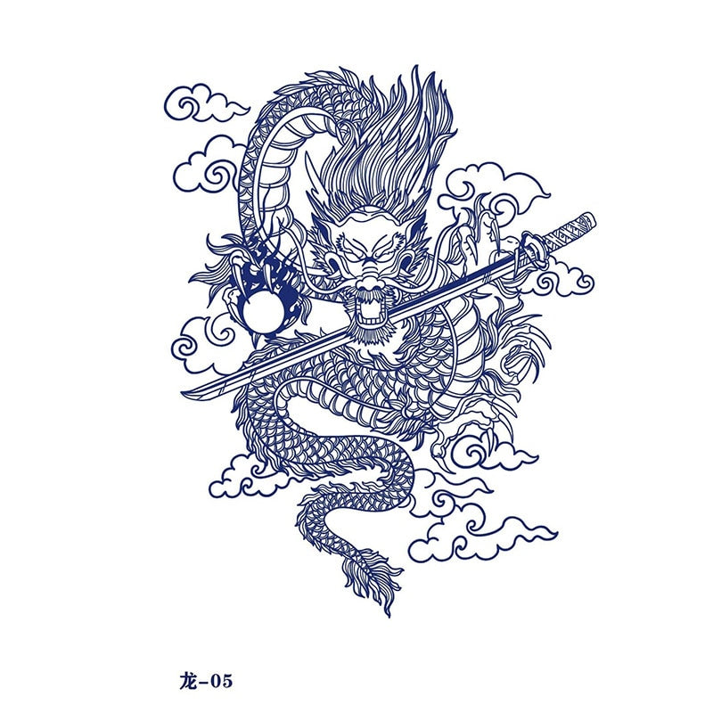 Waterproof Temporary Tattoo Sticker Japanese Style Black White Flame Dragon Body Art Fake Tattoo Flash Tattoo Arm Female Male