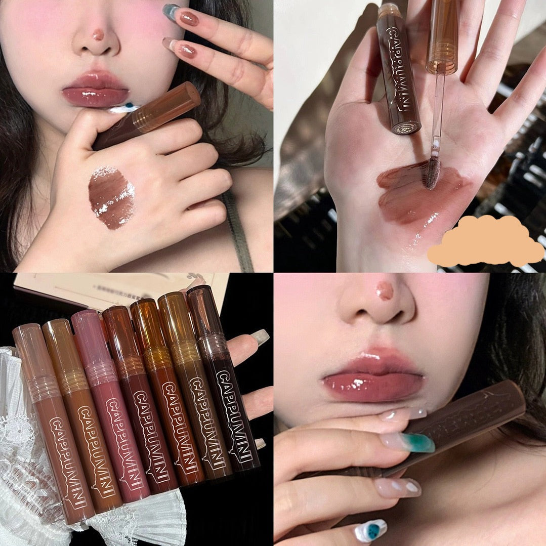 Punk Dark Brown Mirror Water Lip Gloss Red Lip Glaze Transparent Glass Lip Oil Waterproof Liquid Lipstick Nude Clear Tint Makeup