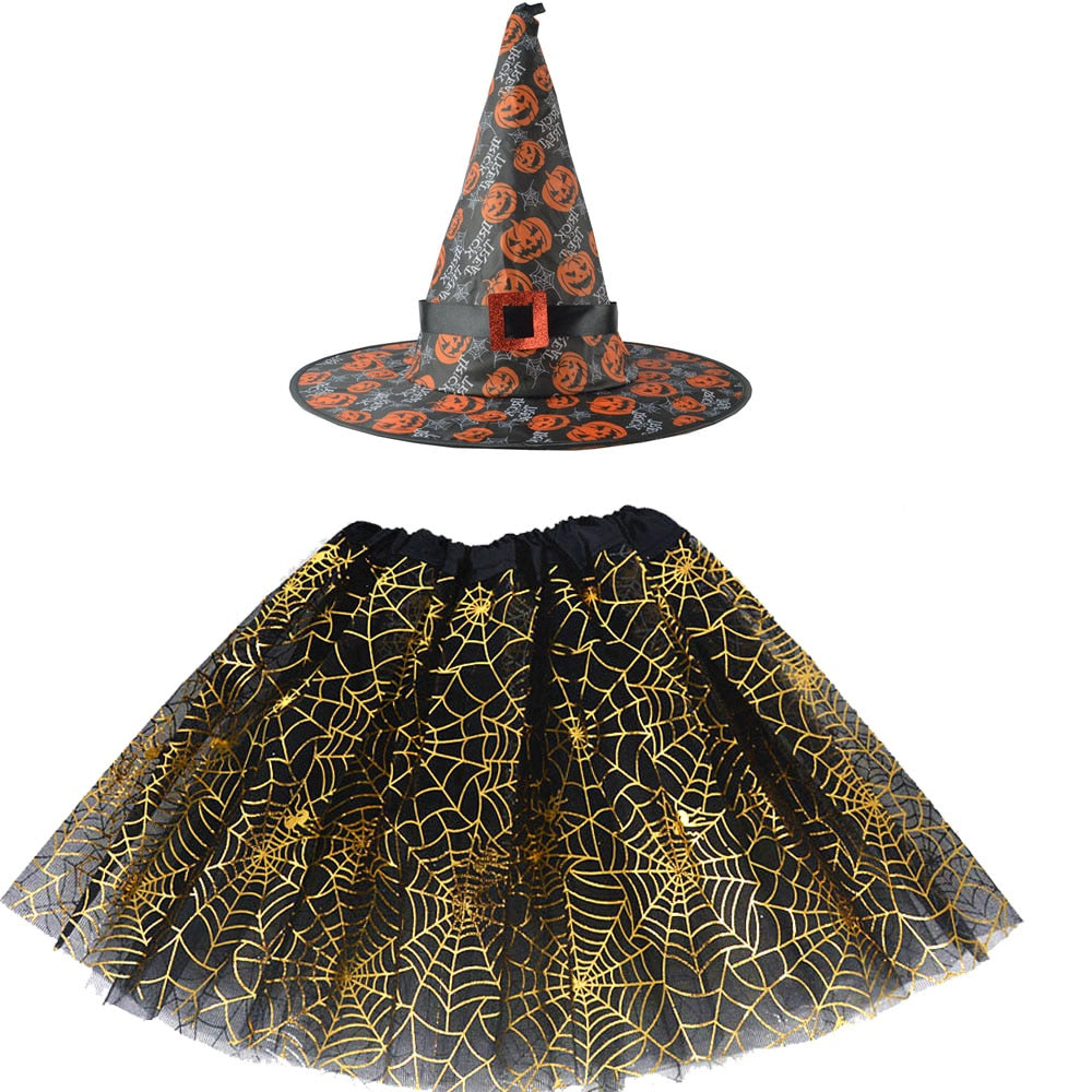 Halloween Costume for Kids Girls Spider Web Tutu Cobweb Skirt Witch Wizard Hat Tulle Carnival Birthday Party Outfits Festival