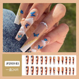 24Pcs Butterfly Print Fake Nails with Glue Long Coffin Nail Art Tips Artifical False Nails with Rhinestones Press on Nails