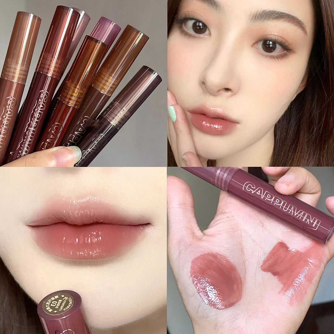 Punk Dark Brown Mirror Water Lip Gloss Red Lip Glaze Transparent Glass Lip Oil Waterproof Liquid Lipstick Nude Clear Tint Makeup