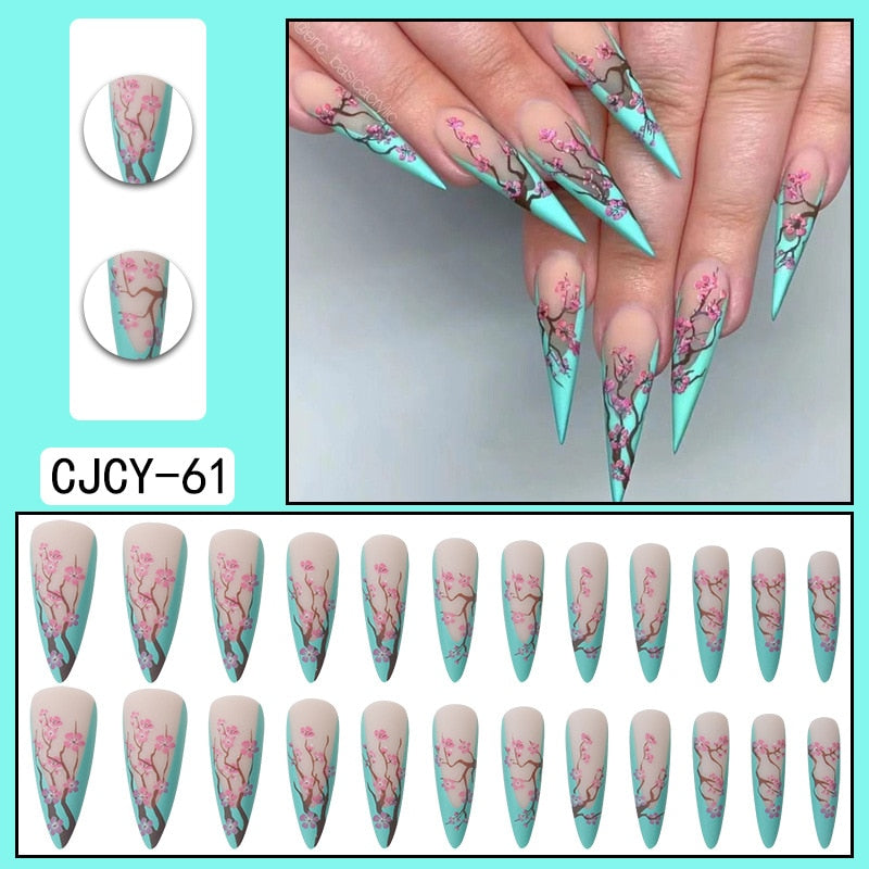 Tiffany Blue Retro Wintersweet Long Stiletto Nails Kit With Glue Chinese Design Flower French Fake False Plum Box Nail Tips 2022