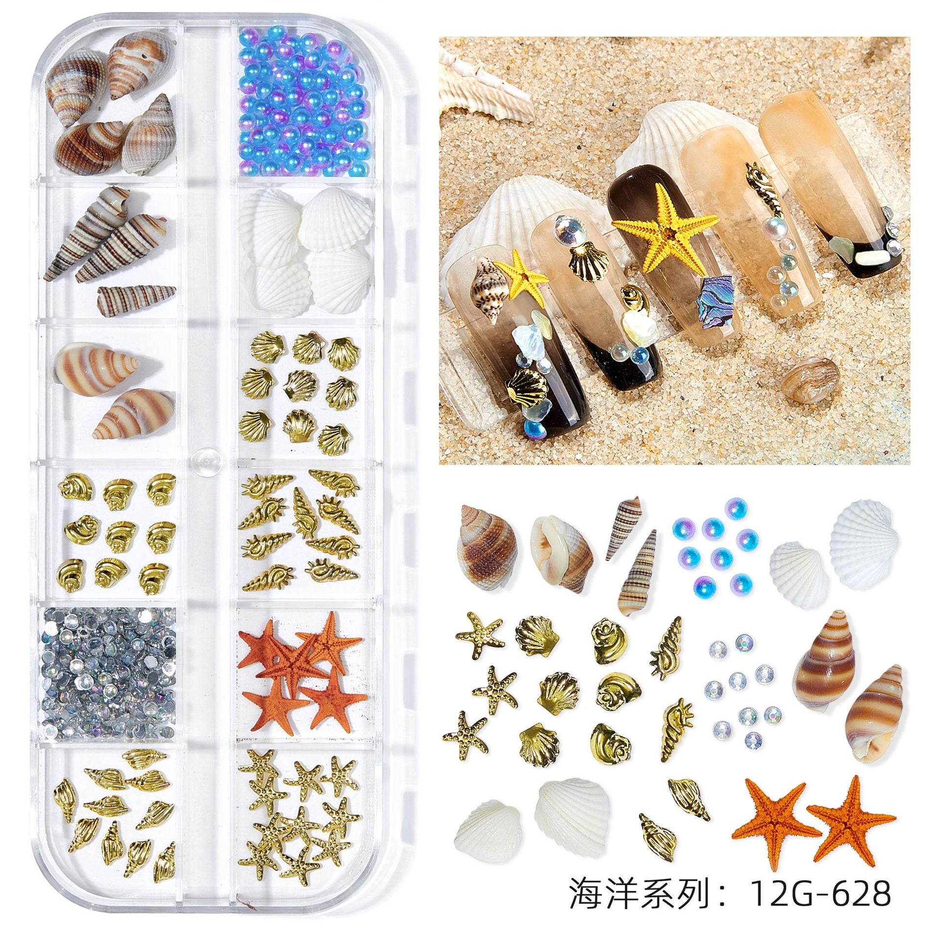 12Grids/Box Summer Marine Natural Nail Charm Design Summer Real Natural Starfish;Shell,Conch, Nail Art Rivet Decoration 2022GU#