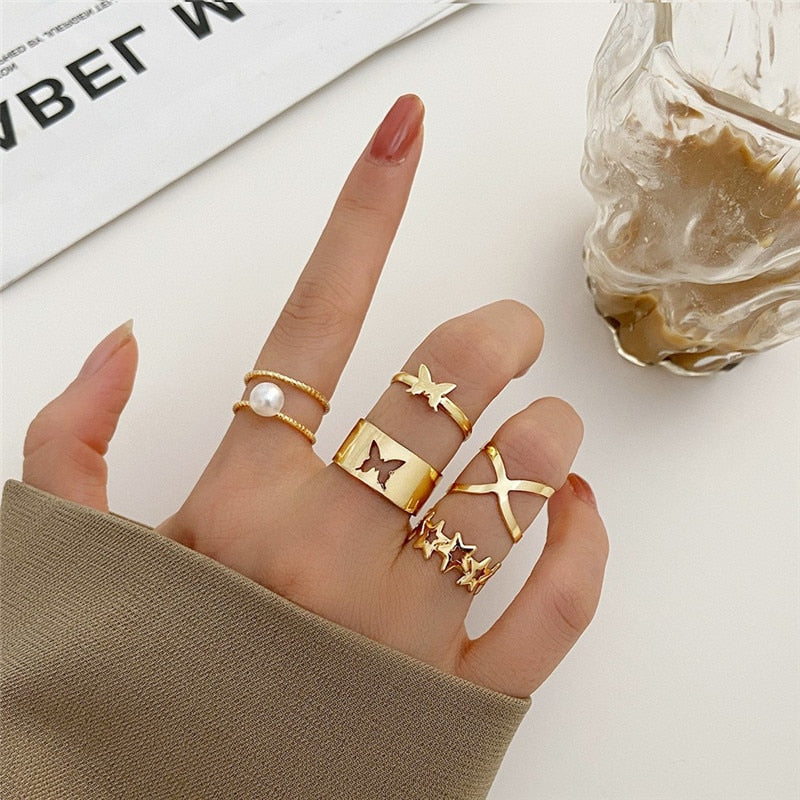 KOTiK Trendy Bohemian Midi Knuckle Ring Set For Women Gold Color Crystal Heart Flower Moon Geometric Finger Rings Jewelry Gifts