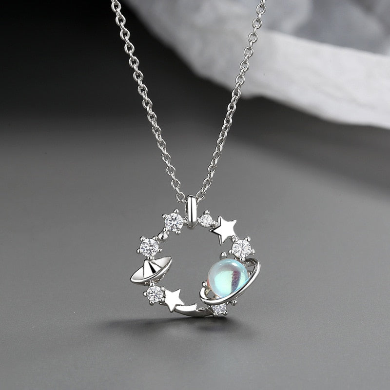 Creative Star Moon Planet Universe Pendant Necklace For Women Girls Crystal Zircon Choker Astronaut Clavicle Chain Jewelry Gifts