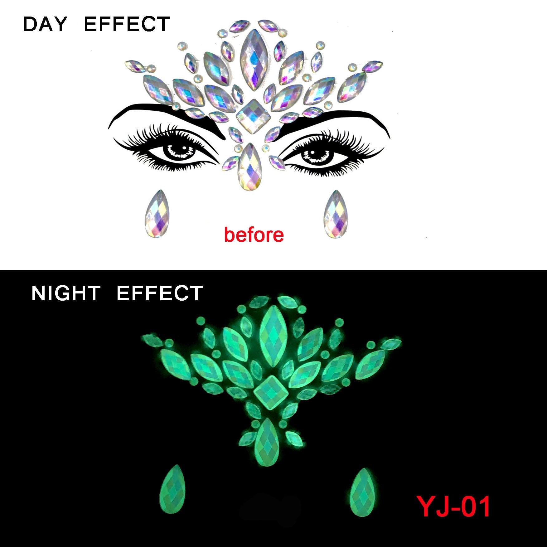 Luminous Glitters for Face Rhinestones Halloween Temporary Tattoo Glow in the Dark Face Jewels Sticker for Festival Party Makeup