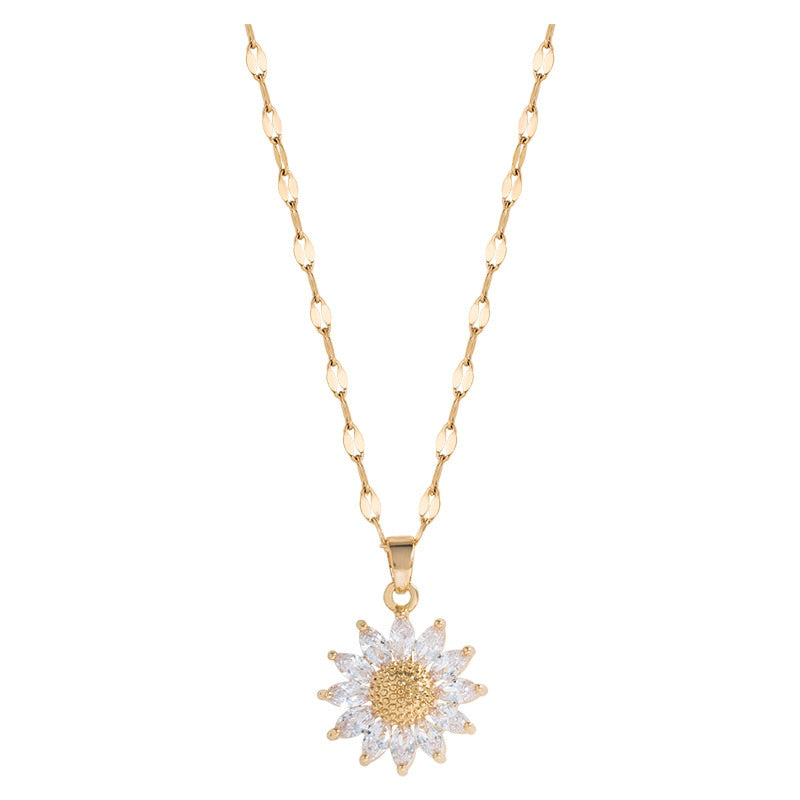 Lovely Sunflower Necklace for Women Stainless Steel Zircon Flower Pendant Necklace Gift Luxury Choker Korea Style Clavicle Chain