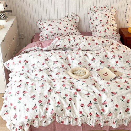 100% Cottom queen bedding set Romantic printed rose ruffle pink bedding set princess home textile linen bed sheet set twin size