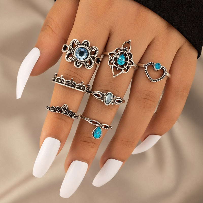 Tocona Bohemia Antique Silver Color Crown Flower Unicorn Carved Rings Sets Hollow Geometry Alloy Metal Wedding Jewelry Anillo