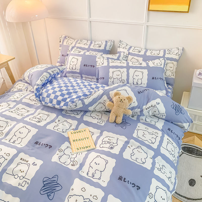 Cute Bear Bedding Set Girls Boys Kids Single Double Size Flat Sheet Duvet Cover Pillowcase Bed Linens White Blue Home Textile