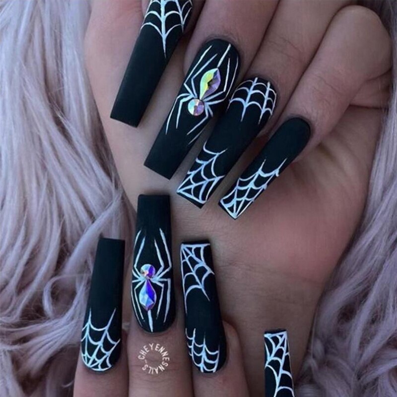 24Pcs Long Coffin False Nails Grimace Designs Wearable French Ballerina Fake Nails Press on Full Cover Manicure Nail Tips