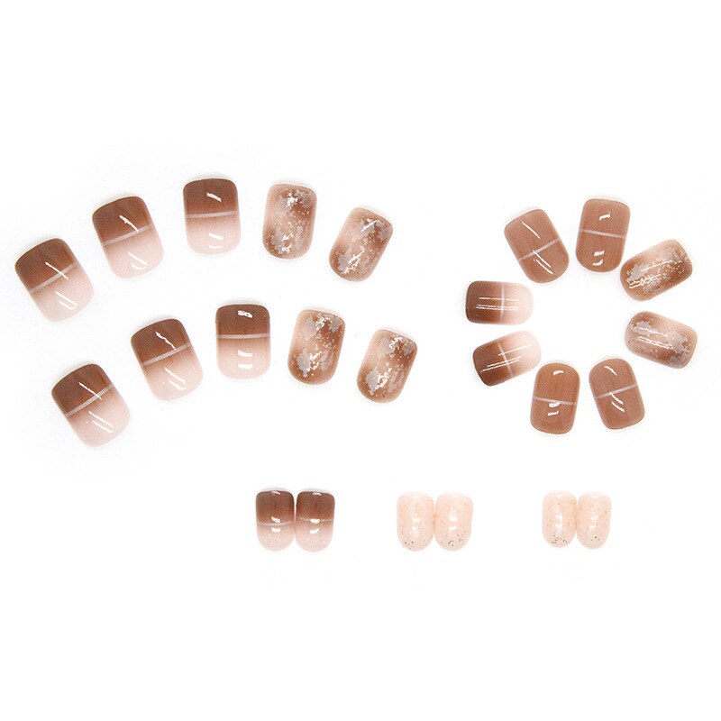 24Pcs Nail Art Artificial Fake Nails Simple Nude Color Line Milk Coffee Color False Nails Artificial Square Press on Nail Tips