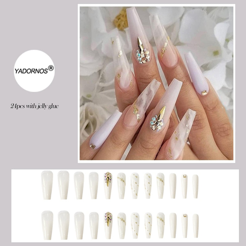 24pcs False Nails Nude Gradient Nail Patch Rhinestone Inlaid Press On Nails Removable Long Paragraph Fashion Manicure nail tips