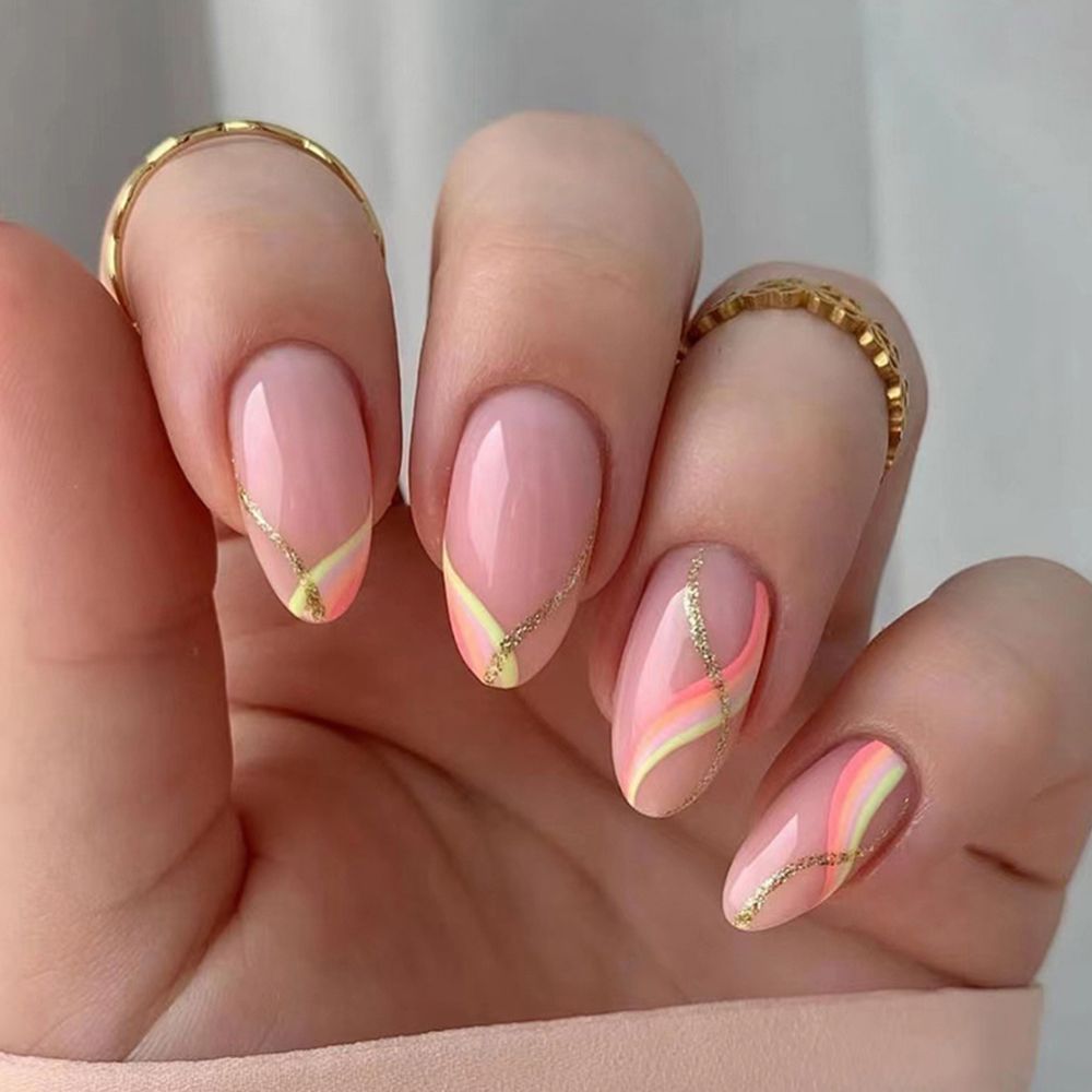 24Pcs Oval Head False Nails Pink Almond Artificial Fake Nails With Glue Full Cover Nail Tips Press On Nails DIY Manicure Tools