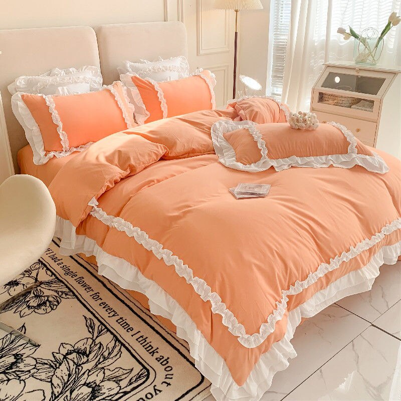 Pink Lace Bedspread Bedding Set King Size Luxury Princess Duvet Cover Bed Sheet Girls Gift Bedclothes Cotton Home Textile