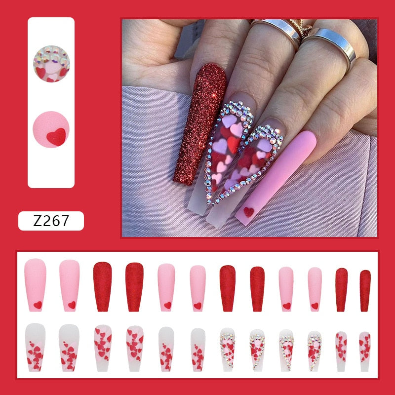 Rhinestones Splicing Heart Long Fake Nails Art Tips Press on Nail False For Extensionfake Nails With Glue Stickers Reusable Set