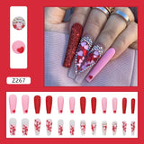 Rhinestones Splicing Heart Long Fake Nails Art Tips Press on Nail False For Extensionfake Nails With Glue Stickers Reusable Set