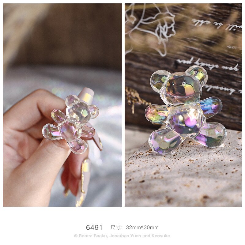 3PCS Super Big Bear,Bowtie Nail Ring Symphony Transparent Aurora Kawaii Bear Rings Can Adjust Size Photo Prop Nail Art Tool 35MM