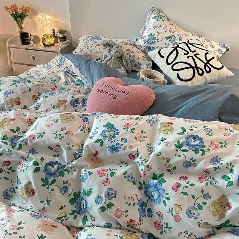 Ins Pink Tulip Bedding Set Luxury Floral Duvet Cover Flat Sheet And Pillowcase For Girl Woman Bedding Single Double Decor Home