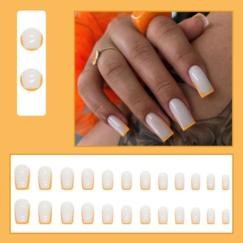 24Pcs French False Nails with Rhinestone Full Cover Nail Art Tips Wearable Ballerina Fake Nails Yellow Press on Nails Manicure