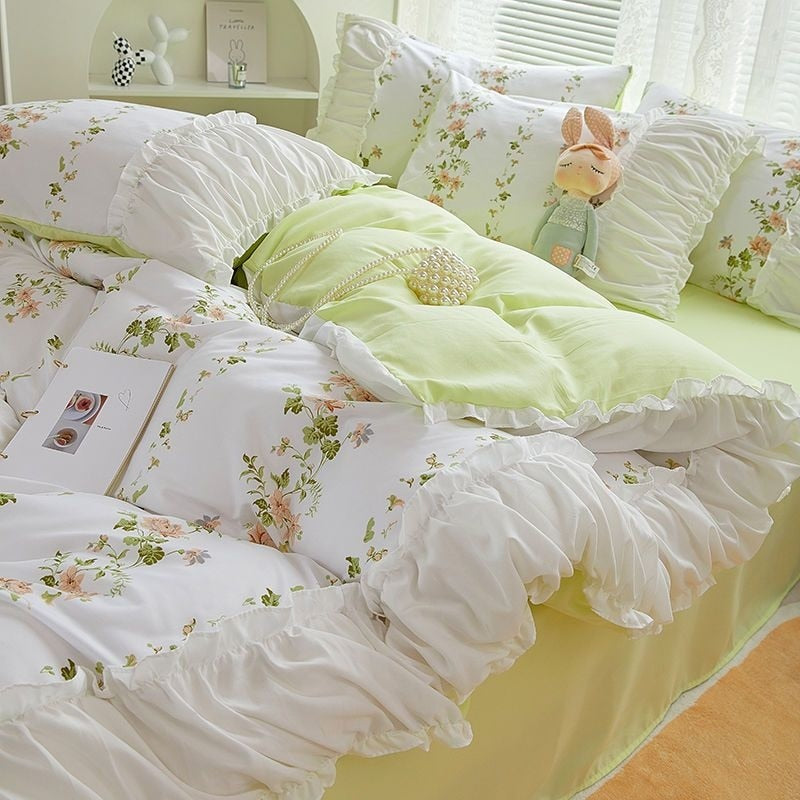 INS Princess Style Flower Bedding Set Duvet Cover With Ruffle Lace Bed Sheet Pillowcases Kawaii Girl Woman Bedroom Home Textiles