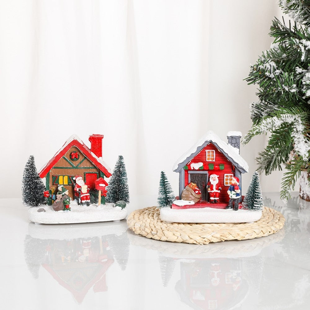 Winter Snow Christmas Village Building Santa House Xmas Decoration With Led Glow Desk Building Home Decor Holiday Ornament Gift